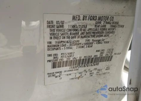 2007 Ford Five Hundred Sel из США, поврежденный, VIN 1FAHP24187G162690